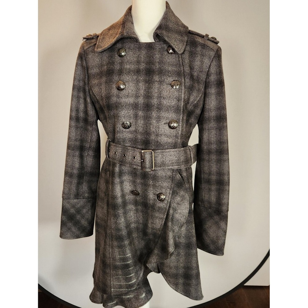 Guess Gray Plaid Wool Blend Double-Breasted Trench Coat Large